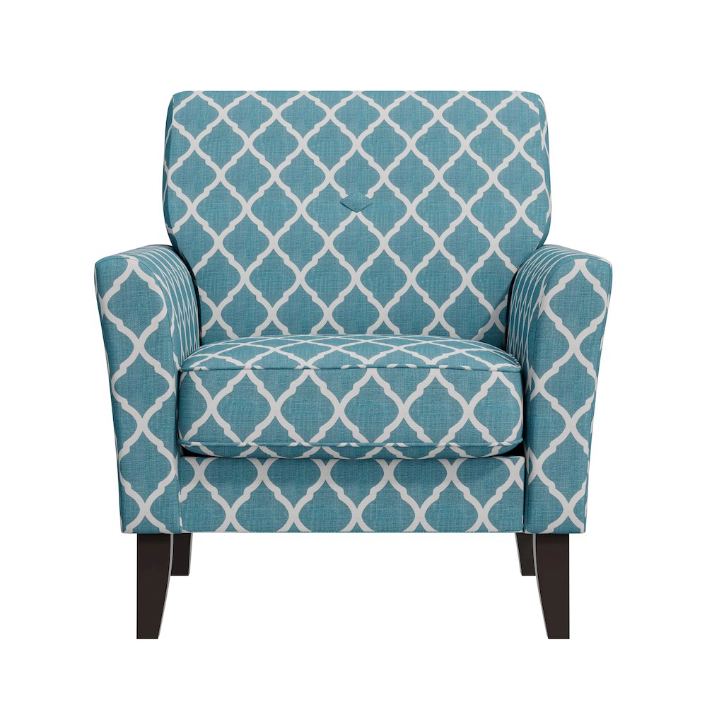 Alex Transitional Flared Arm Armchair in Turquoise Trellis. Picture 2