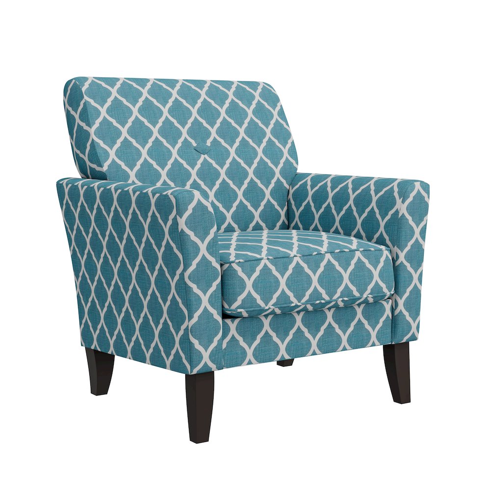 Alex Transitional Flared Arm Armchair in Turquoise Trellis. Picture 1