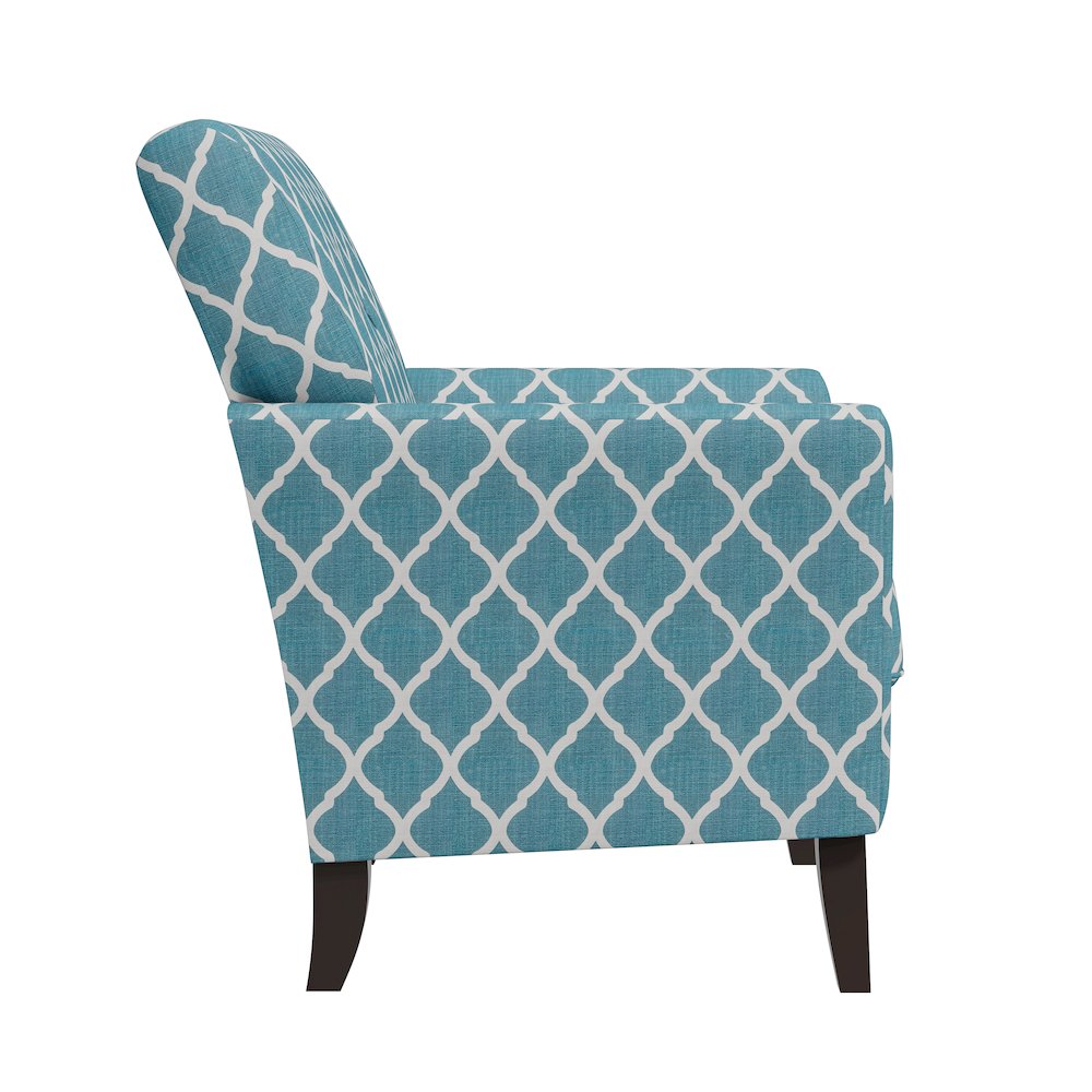 Alex Transitional Flared Arm Armchair in Turquoise Trellis. Picture 4