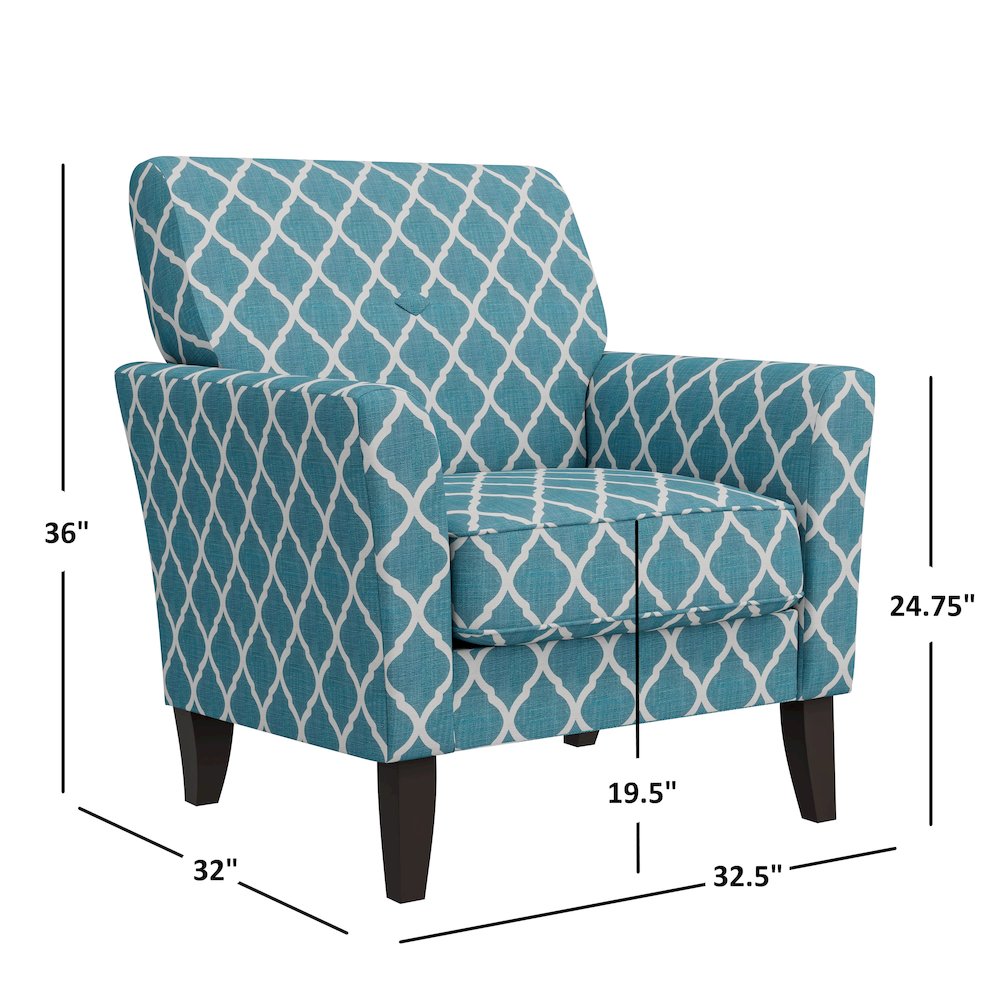 Alex Transitional Flared Arm Armchair in Turquoise Trellis. Picture 7