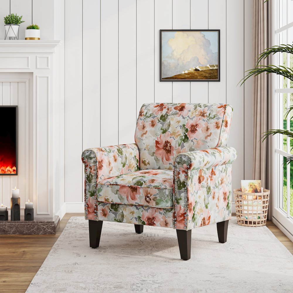 Rolled Arm Chair with Nailheads in Orange and Green Floral. Picture 8