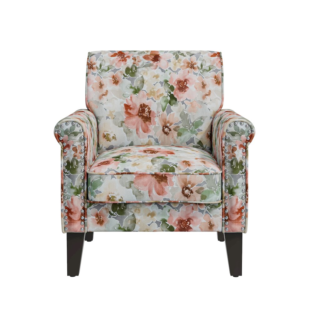 Rolled Arm Chair with Nailheads in Orange and Green Floral. Picture 2