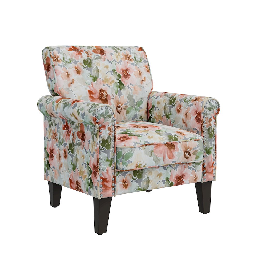 Rolled Arm Chair with Nailheads in Orange and Green Floral. Picture 1