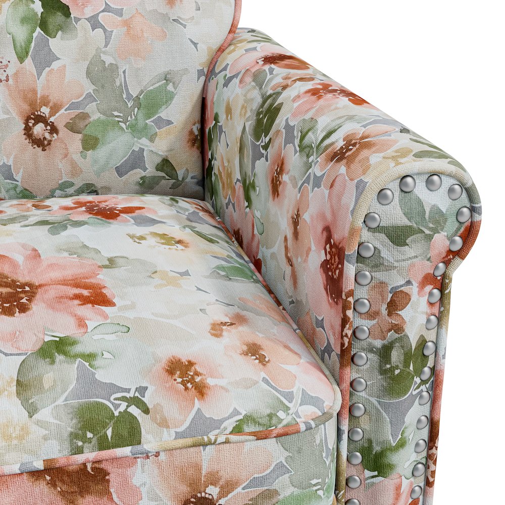 Rolled Arm Chair with Nailheads in Orange and Green Floral. Picture 6