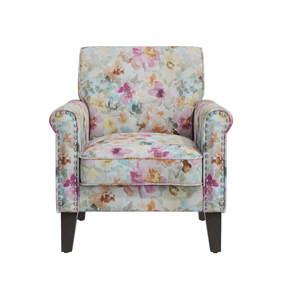 Rolled Arm Chair with Nailheads in Pastel Pink Floral. Picture 2