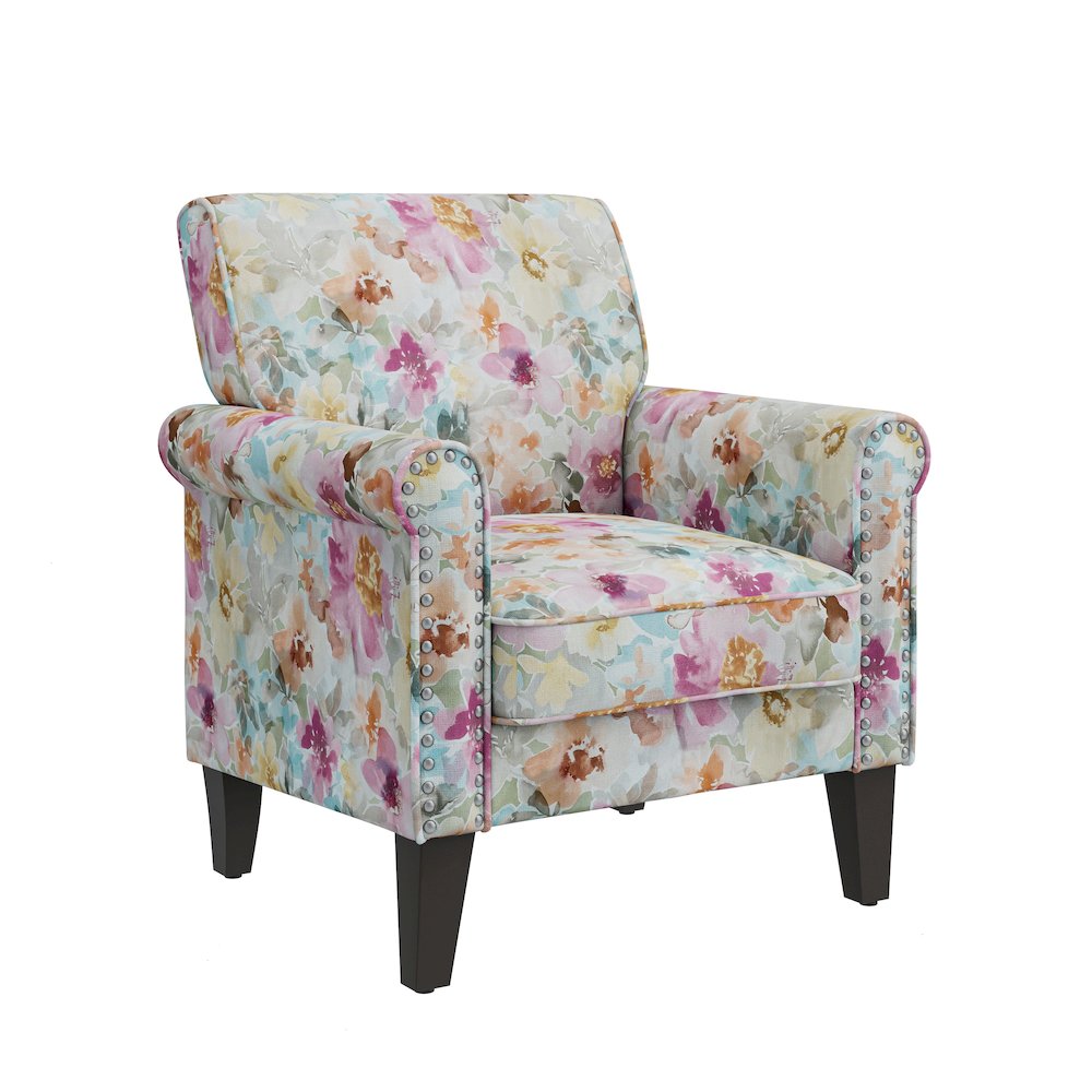 Rolled Arm Chair with Nailheads in Pastel Pink Floral. Picture 1