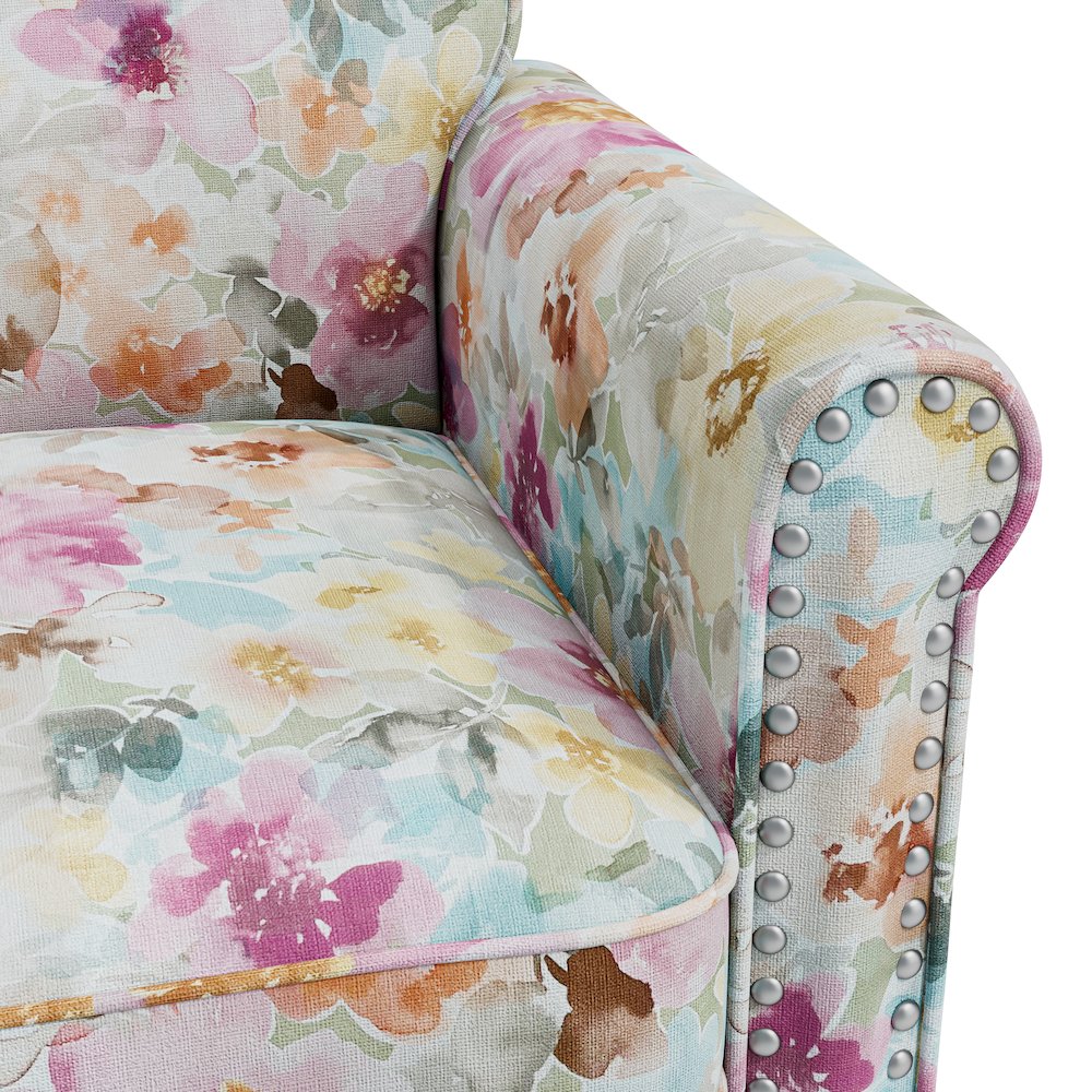 Rolled Arm Chair with Nailheads in Pastel Pink Floral. Picture 6
