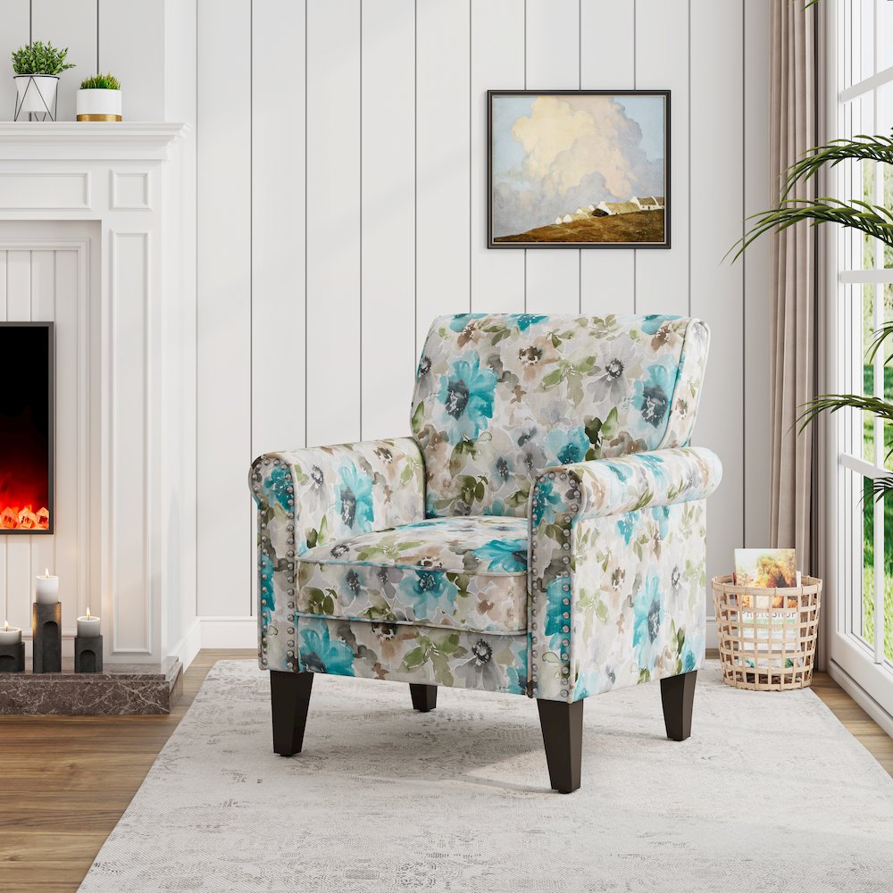 Rolled Arm Chair with Nailheads in Blue and Gray Floral. Picture 8