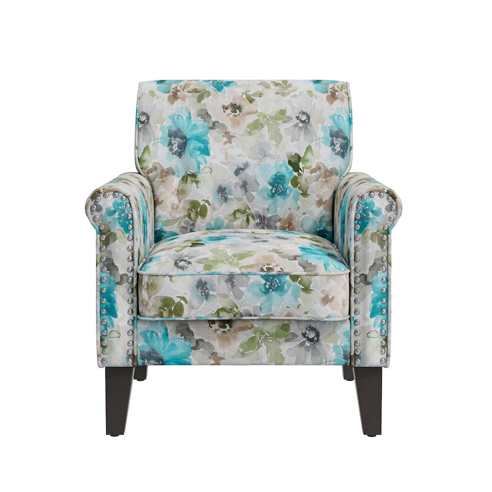 Rolled Arm Chair with Nailheads in Blue and Gray Floral. Picture 2
