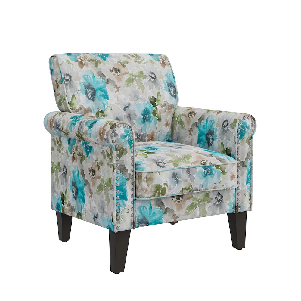 Rolled Arm Chair with Nailheads in Blue and Gray Floral. Picture 1