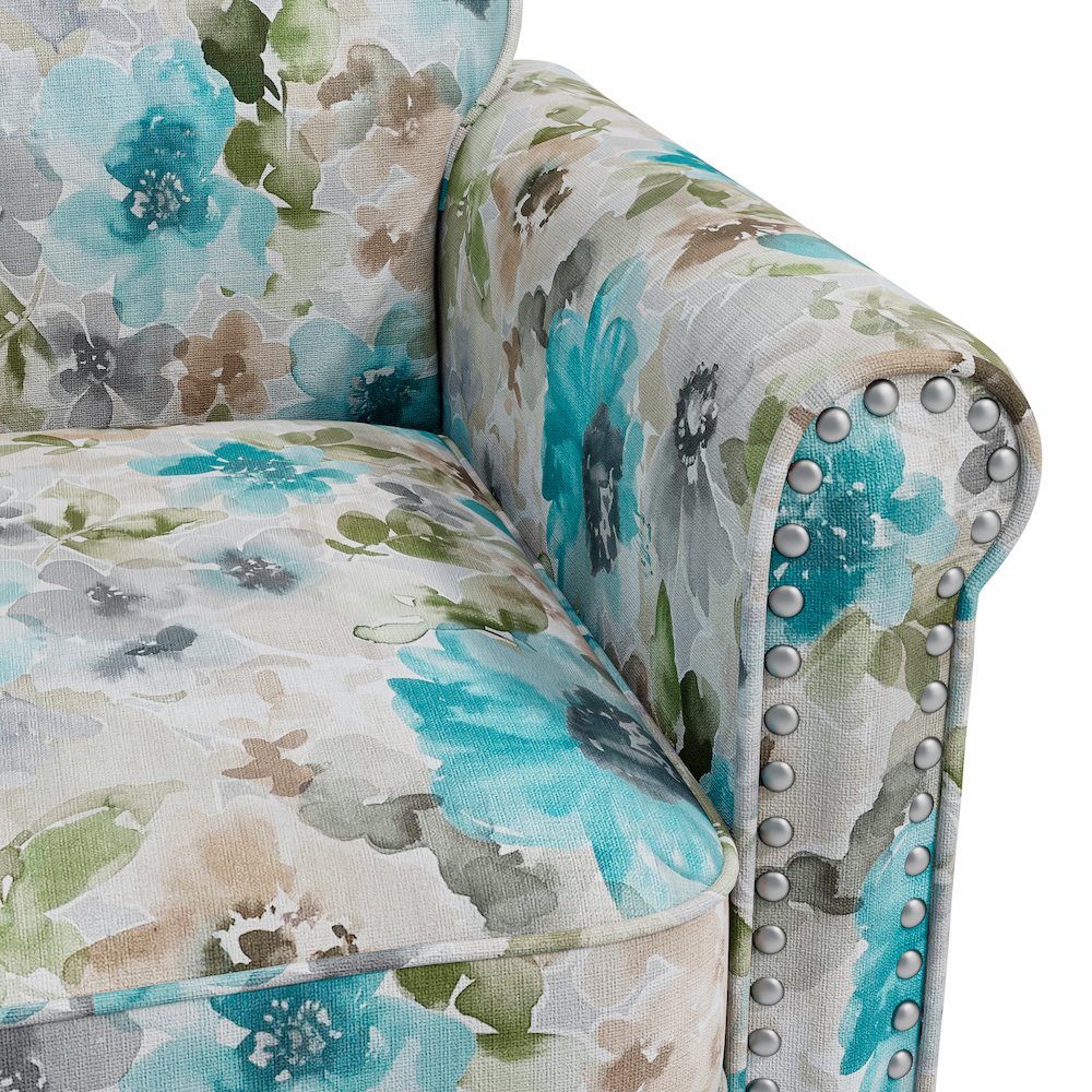 Rolled Arm Chair with Nailheads in Blue and Gray Floral. Picture 6