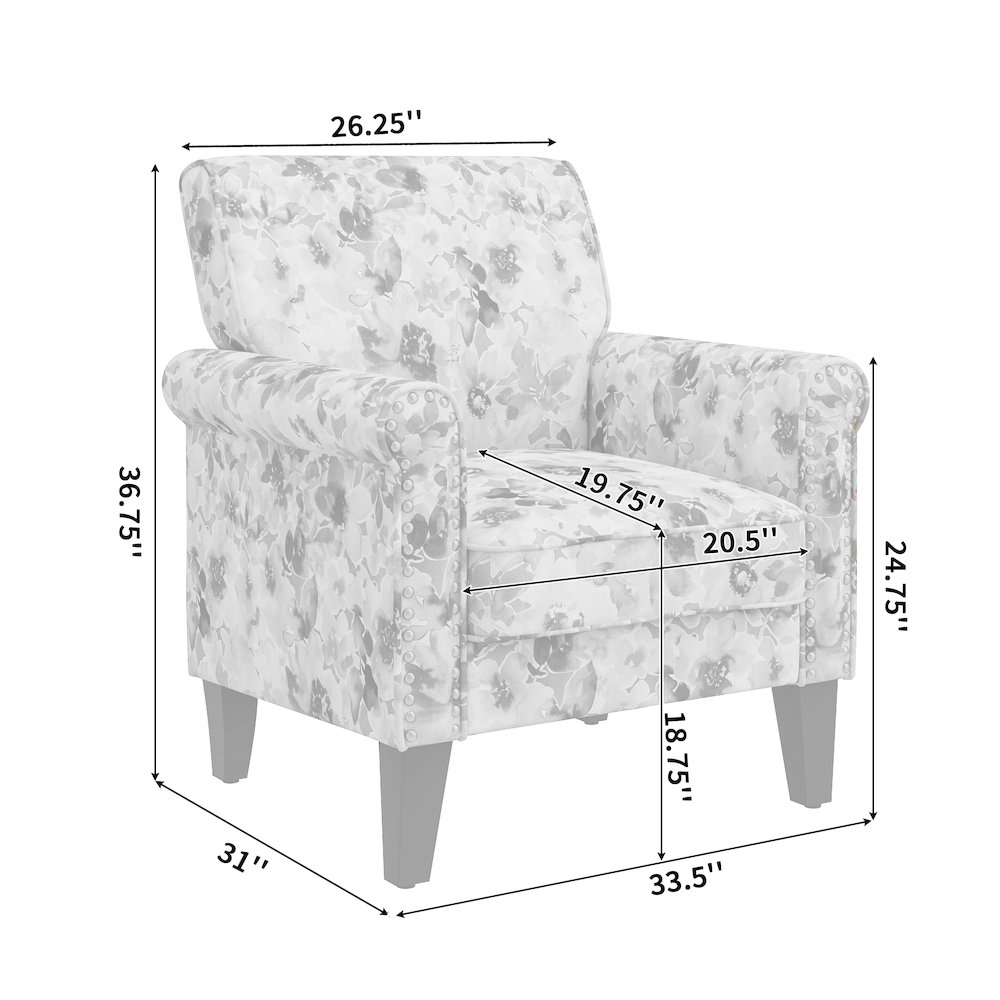 Rolled Arm Chair with Nailheads in Blue and Gray Floral. Picture 7