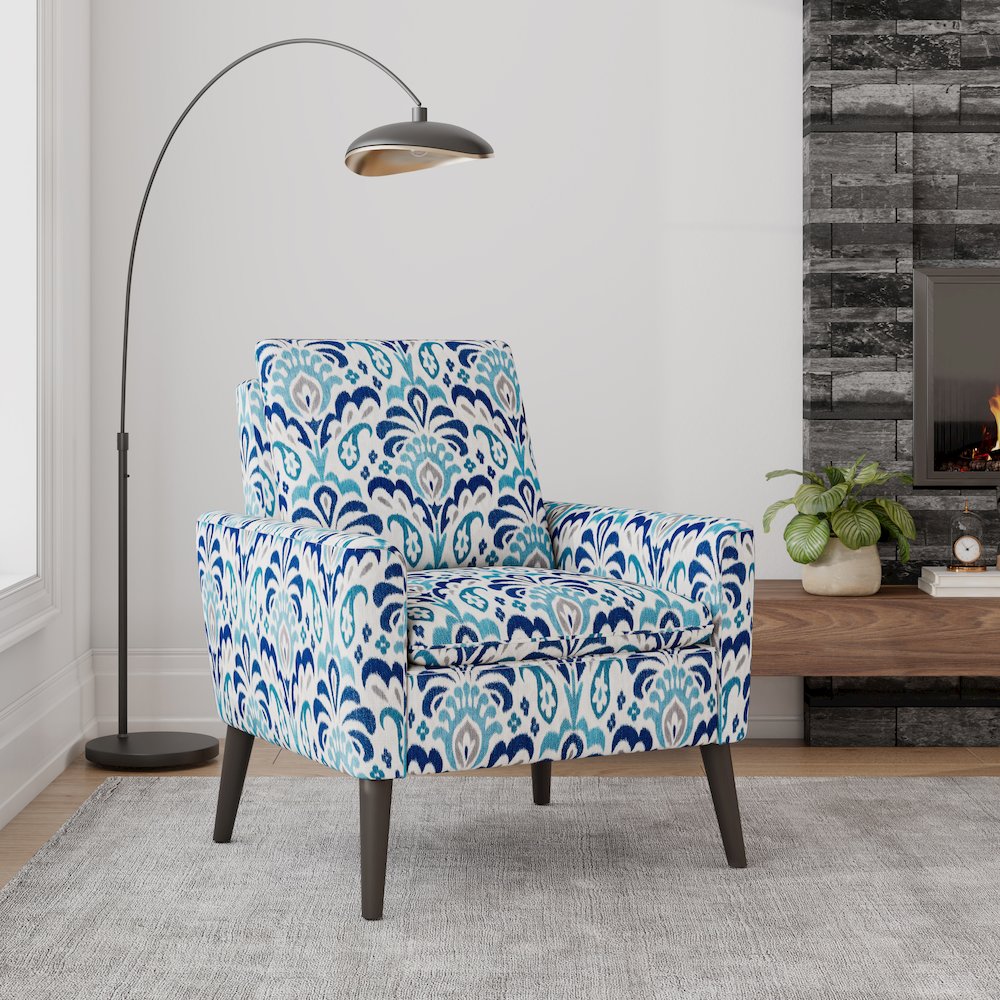 Mid-Century Modern Armchair in Cobalt Blue and Gray Damask. Picture 8