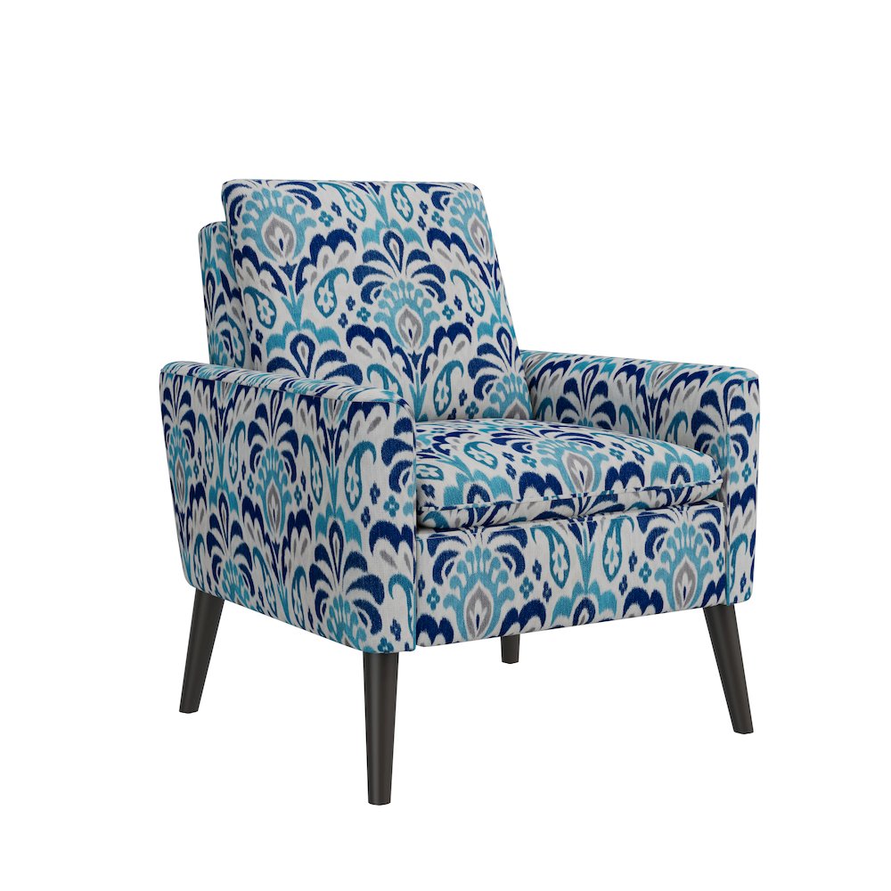 Mid-Century Modern Armchair in Cobalt Blue and Gray Damask. Picture 1