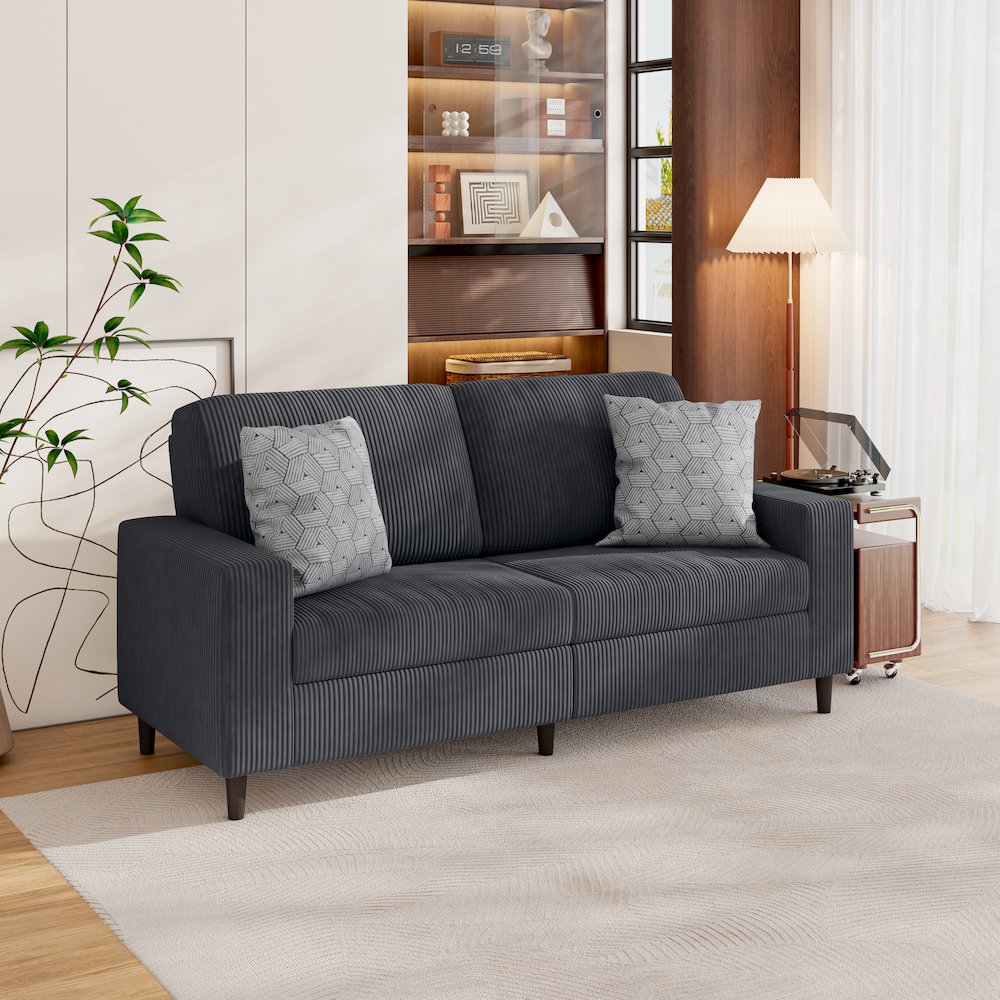Small Space Sofa in Soft Comfy Charcoal Gray Corduroy Fabric. Picture 8