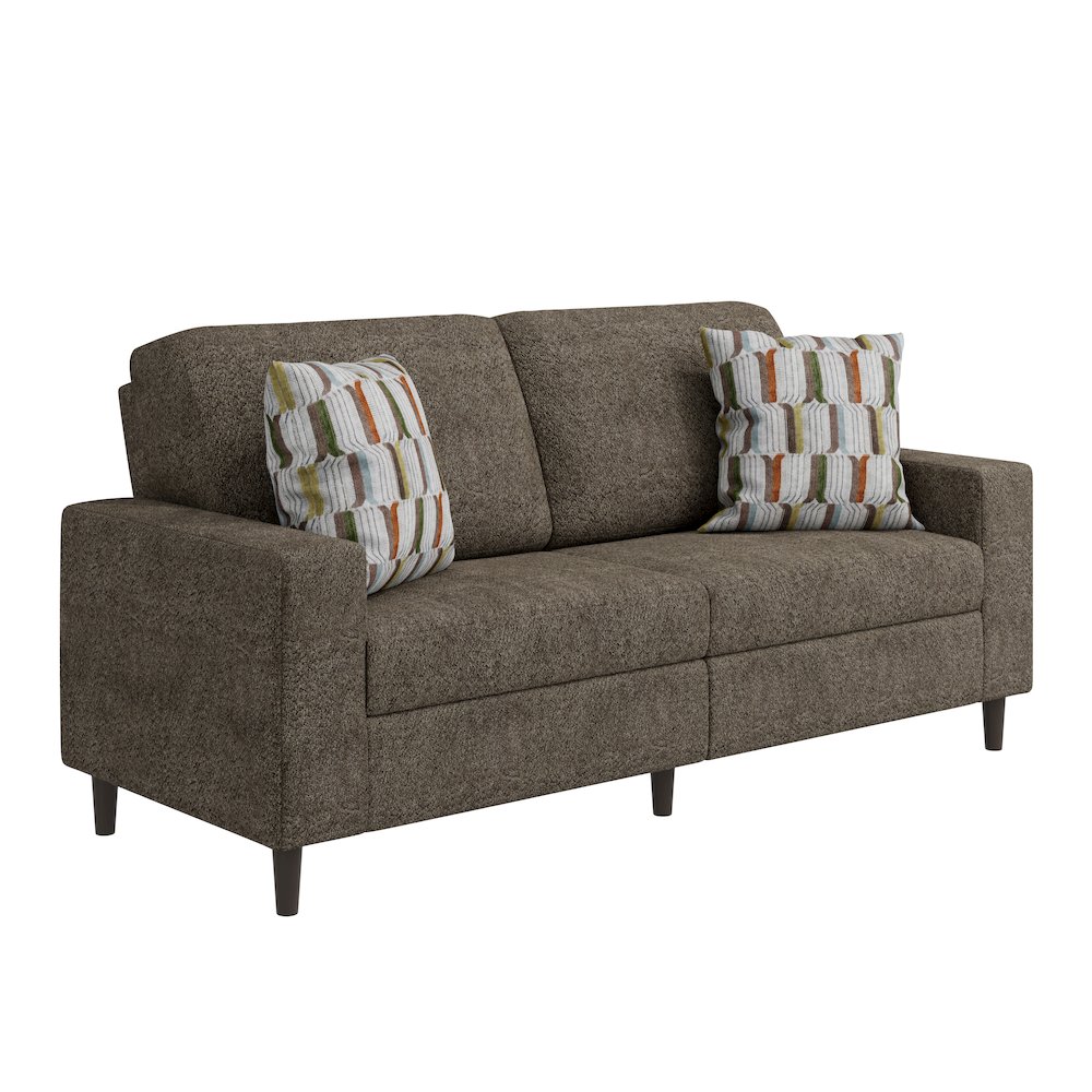 Small Space Sofa in Elegant Textured Mocha Boucle Fabric. Picture 1