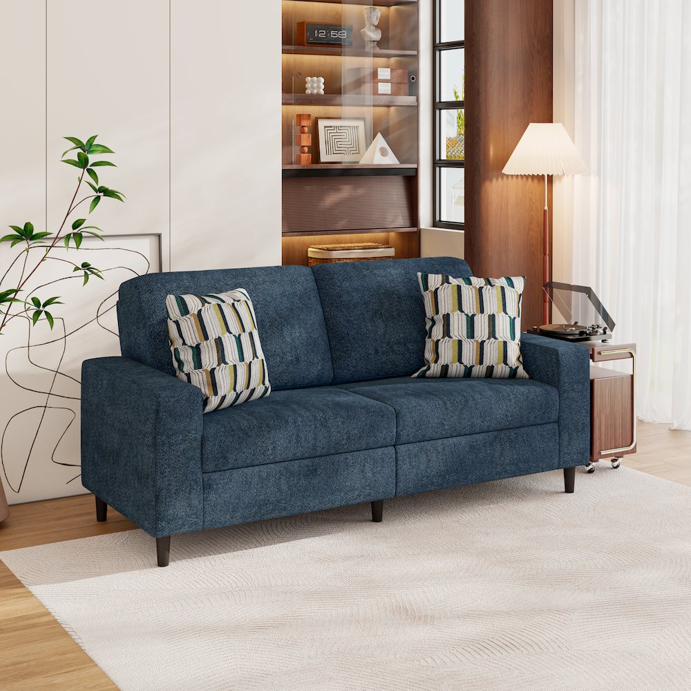 Small Space Sofa in Elegant Textured Blue Boucle Fabric. Picture 8