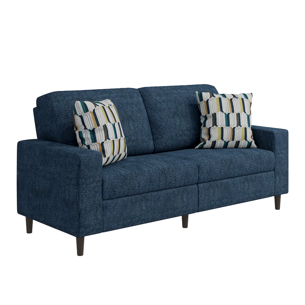 Small Space Sofa in Elegant Textured Blue Boucle Fabric. Picture 1