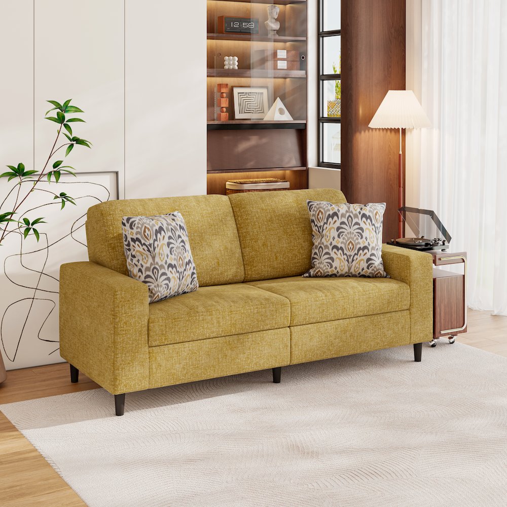 Small Space Sofa in Textured Mustard Yellow Chenille Fabric. Picture 8
