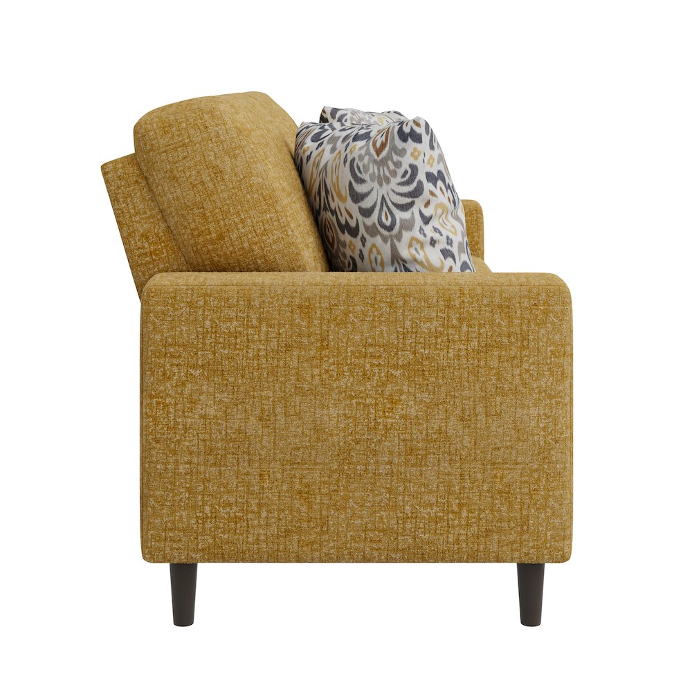 Small Space Sofa in Textured Mustard Yellow Chenille Fabric. Picture 3