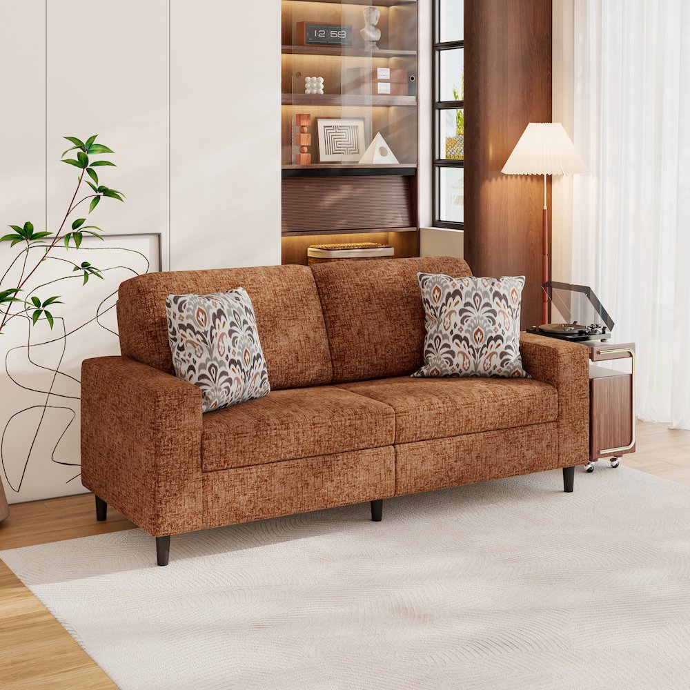 Small Space Sofa in Textured Terra Cotta Red Chenille Fabric. Picture 8