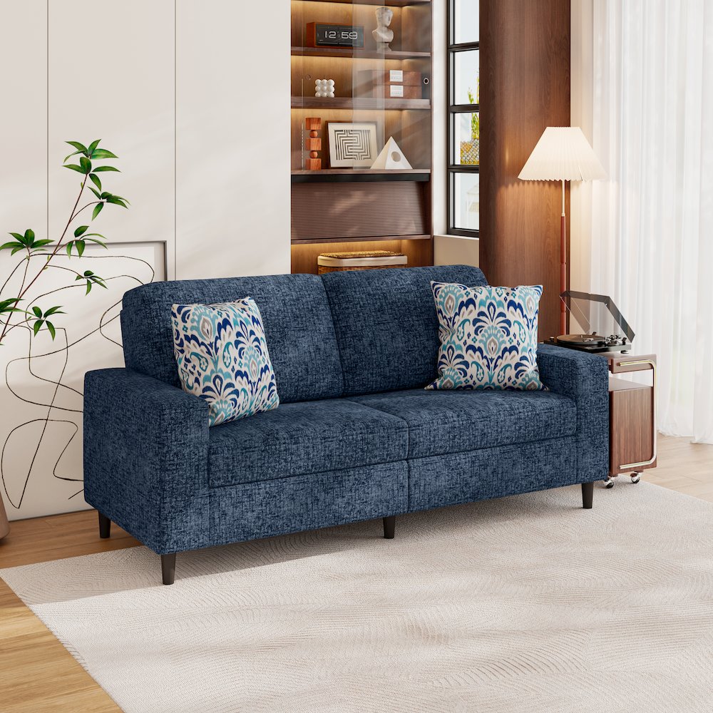 Small Space Sofa in Textured Navy Blue Chenille Fabric. Picture 8