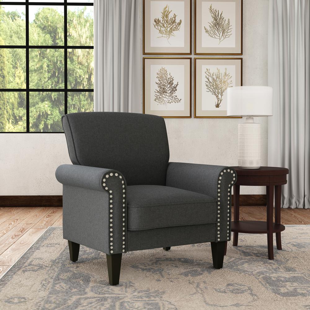 Traditional Armchair with Nailheads in Charcoal Grey Linen. Picture 8