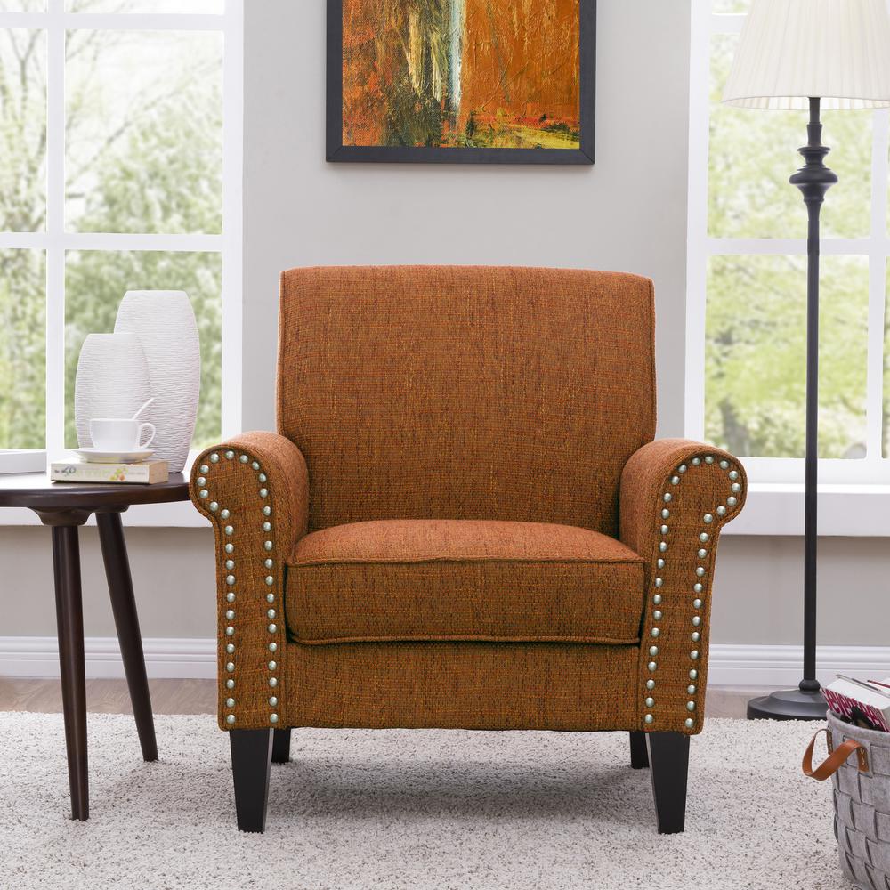 Traditional Armchair with Nailheads in Orange Tweed. Picture 9