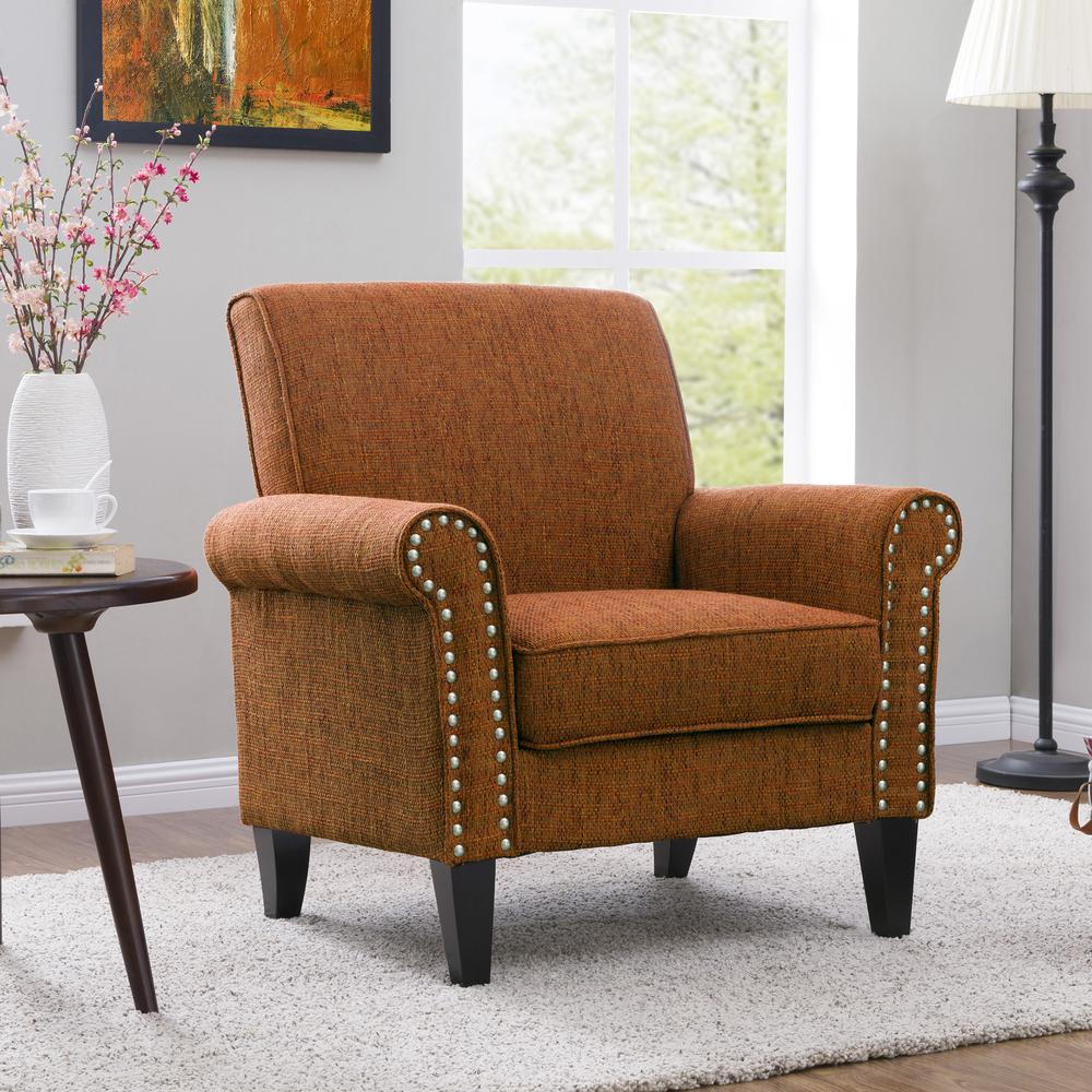 Traditional Armchair with Nailheads in Orange Tweed. Picture 10