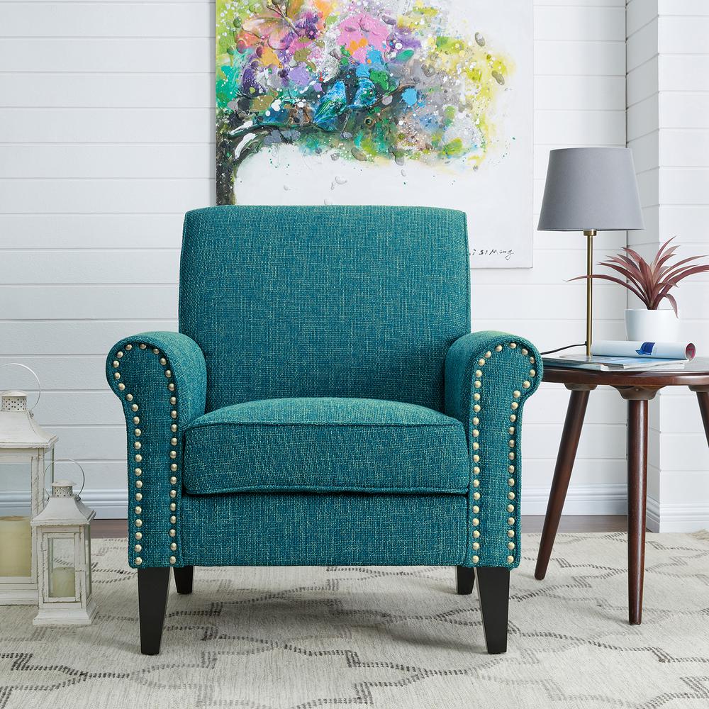 Traditional Armchair with Nailheads in Blue Tweed. Picture 9