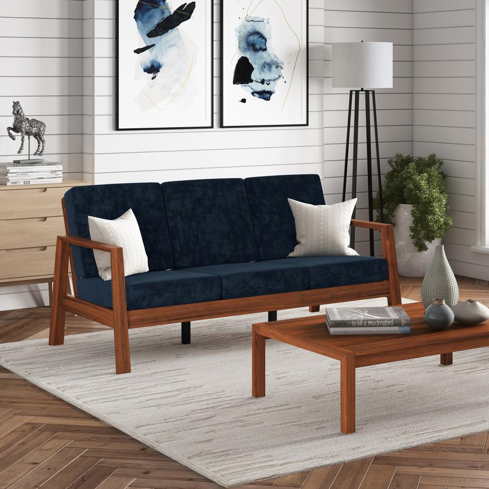Sofa in Navy Blue Velvet with Cherry Finished Wood Frame. Picture 8