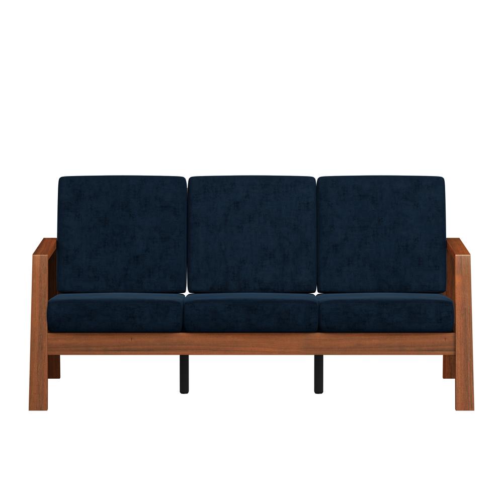 Sofa in Navy Blue Velvet with Cherry Finished Wood Frame. Picture 2
