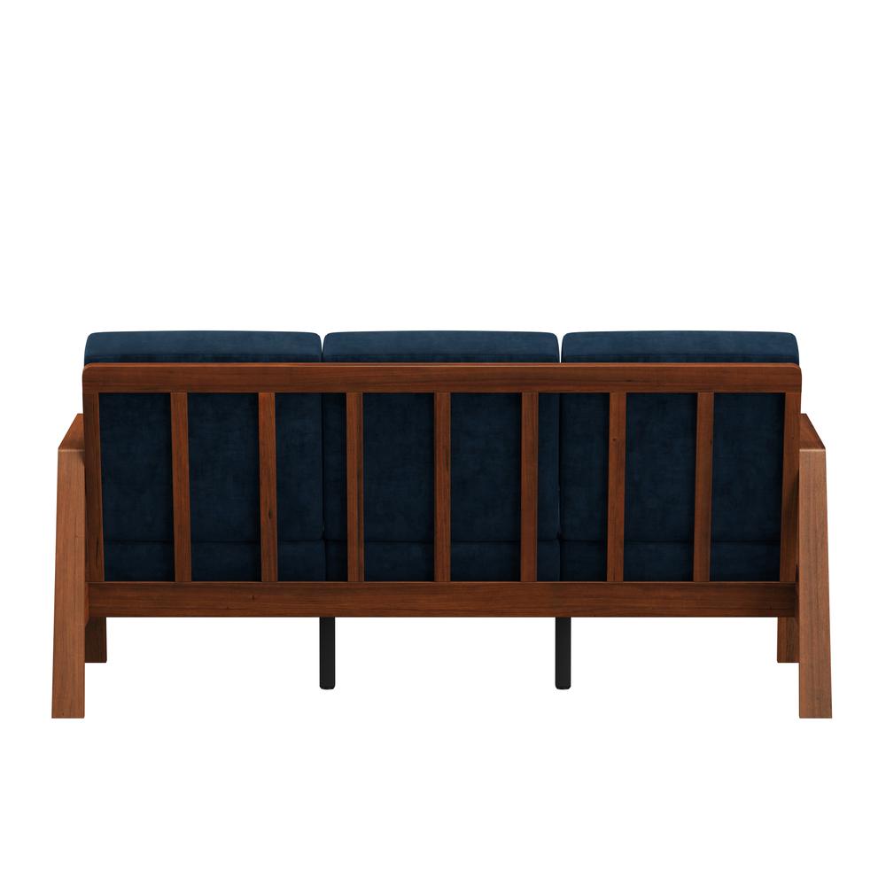Sofa in Navy Blue Velvet with Cherry Finished Wood Frame. Picture 4