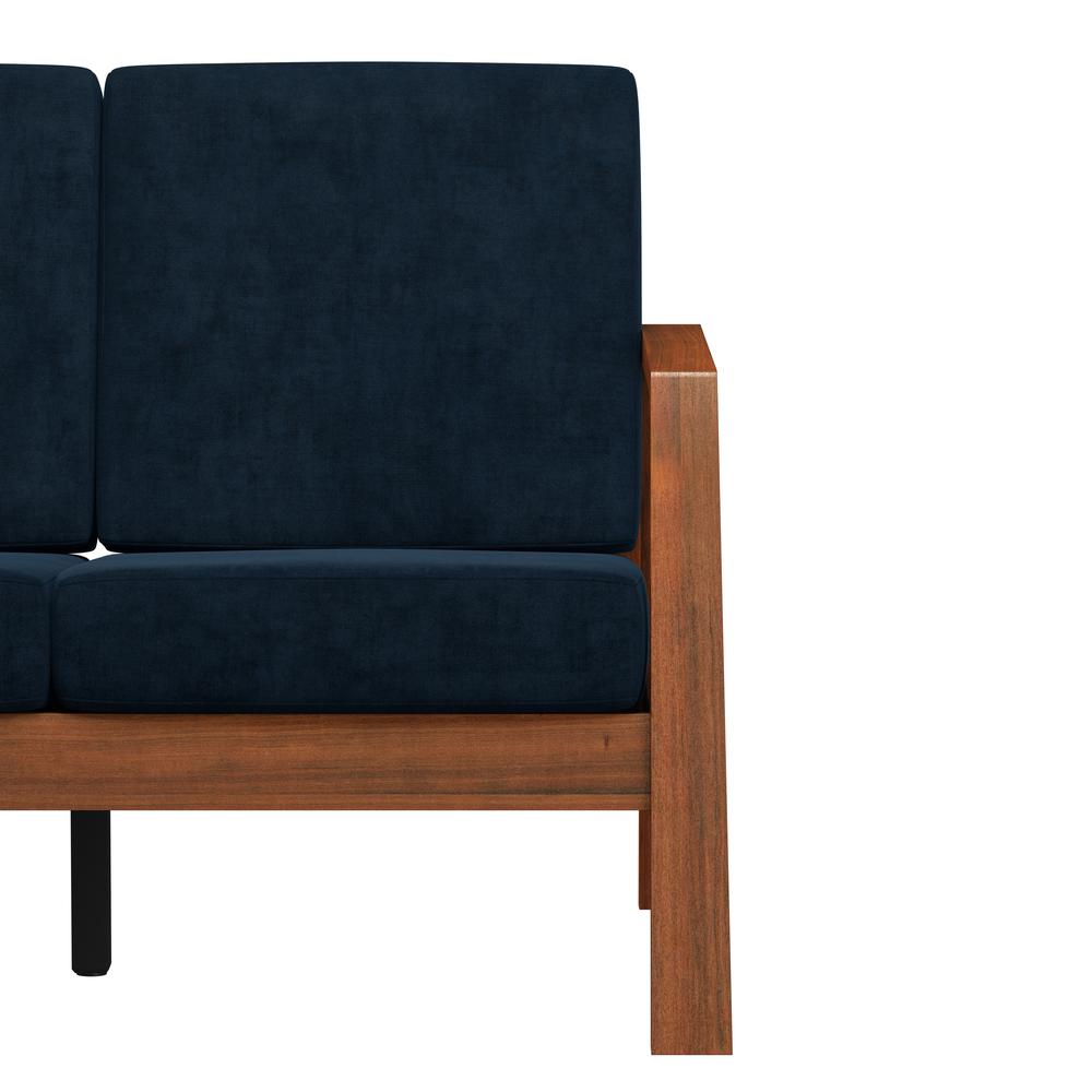 Sofa in Navy Blue Velvet with Cherry Finished Wood Frame. Picture 5