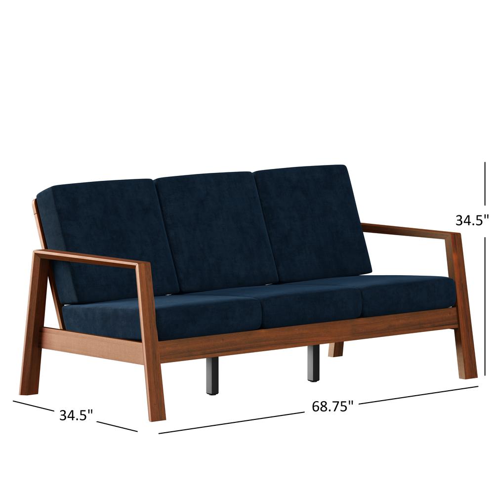 Sofa in Navy Blue Velvet with Cherry Finished Wood Frame. Picture 7