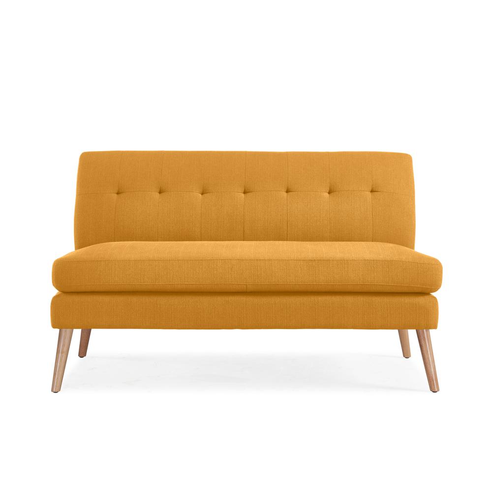 Armless Loveseat in Mustard Yellow Linen with Natural Legs. Picture 2