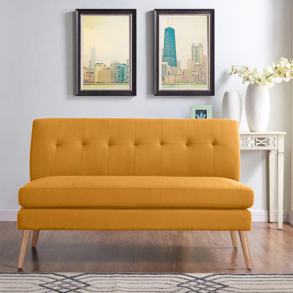 Armless Loveseat in Mustard Yellow Linen with Natural Legs. Picture 9