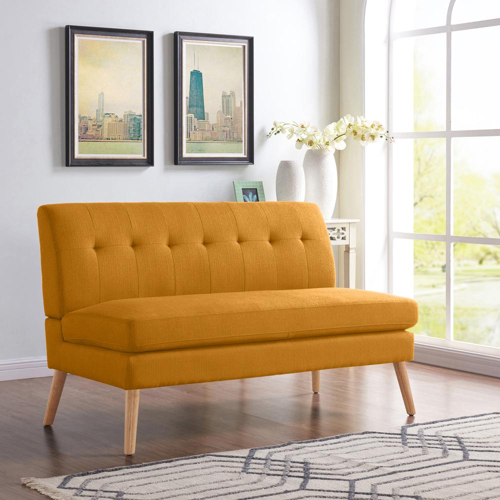 Armless Loveseat in Mustard Yellow Linen with Natural Legs. Picture 10