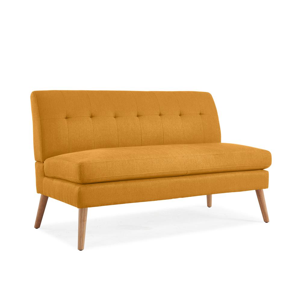 Armless Loveseat in Mustard Yellow Linen with Natural Legs. Picture 1