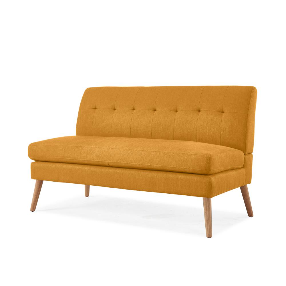 Armless Loveseat in Mustard Yellow Linen with Natural Legs. Picture 3