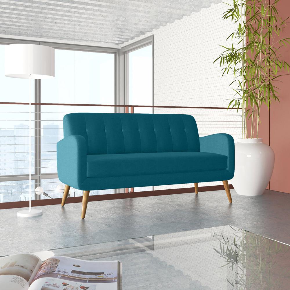 Sofa in Peacock Blue Linen with Natural Legs. Picture 10