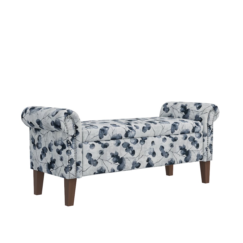 Rolled Arm Storage Ottoman in Black Floral Bonsai. Picture 1