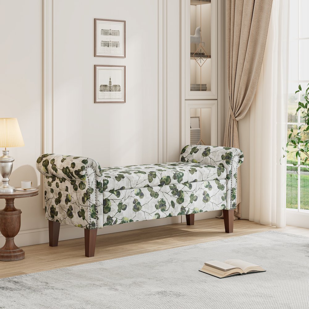 Rolled Arm Storage Ottoman in Green Floral Bonsai. Picture 8