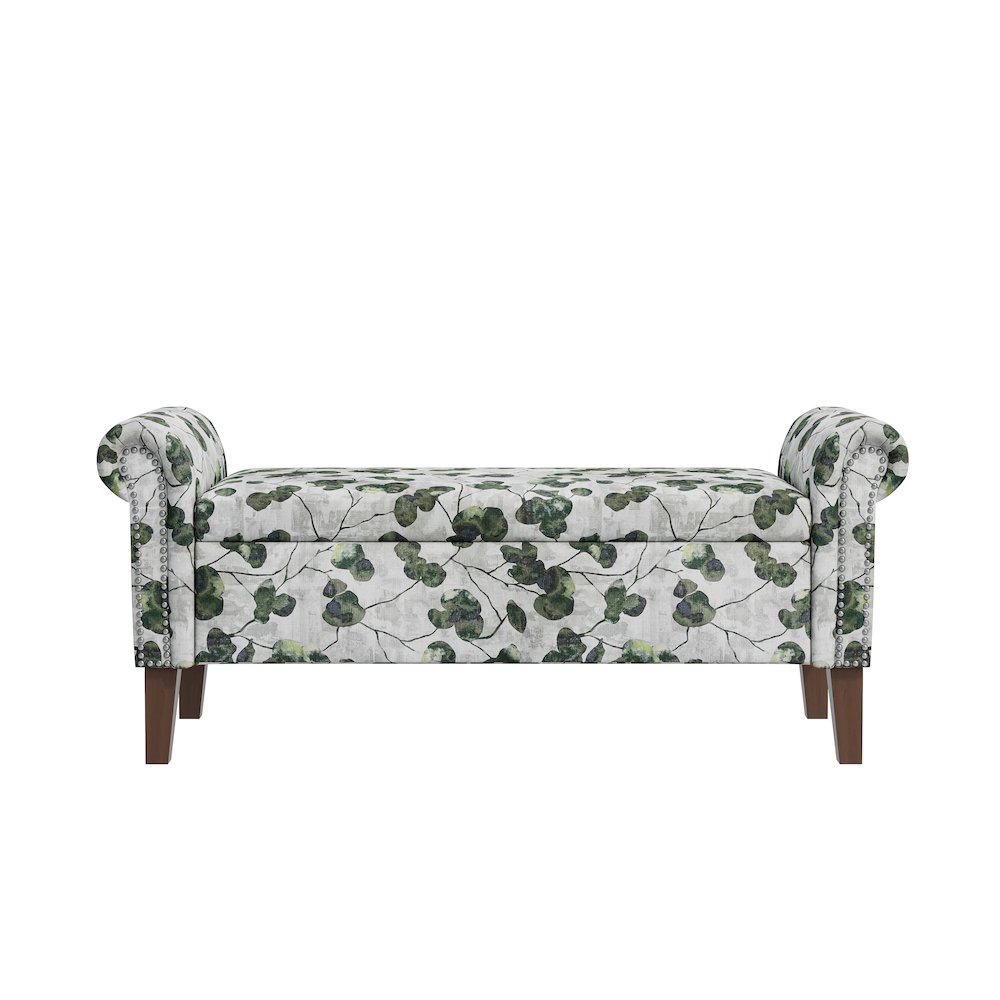 Rolled Arm Storage Ottoman in Green Floral Bonsai. Picture 2
