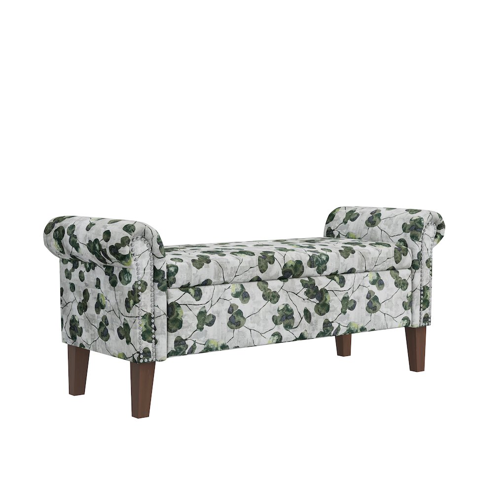 Rolled Arm Storage Ottoman in Green Floral Bonsai. Picture 1