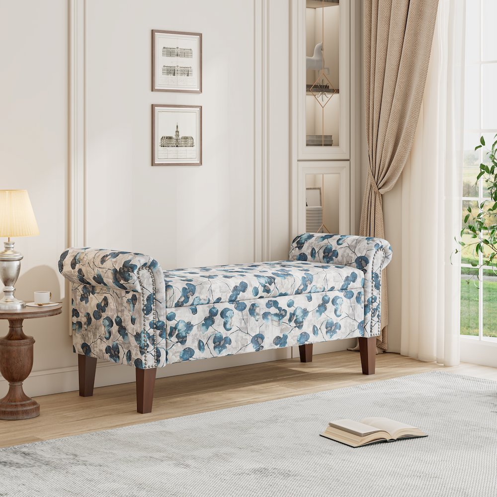Rolled Arm Storage Ottoman in Blue Floral Bonsai. Picture 8