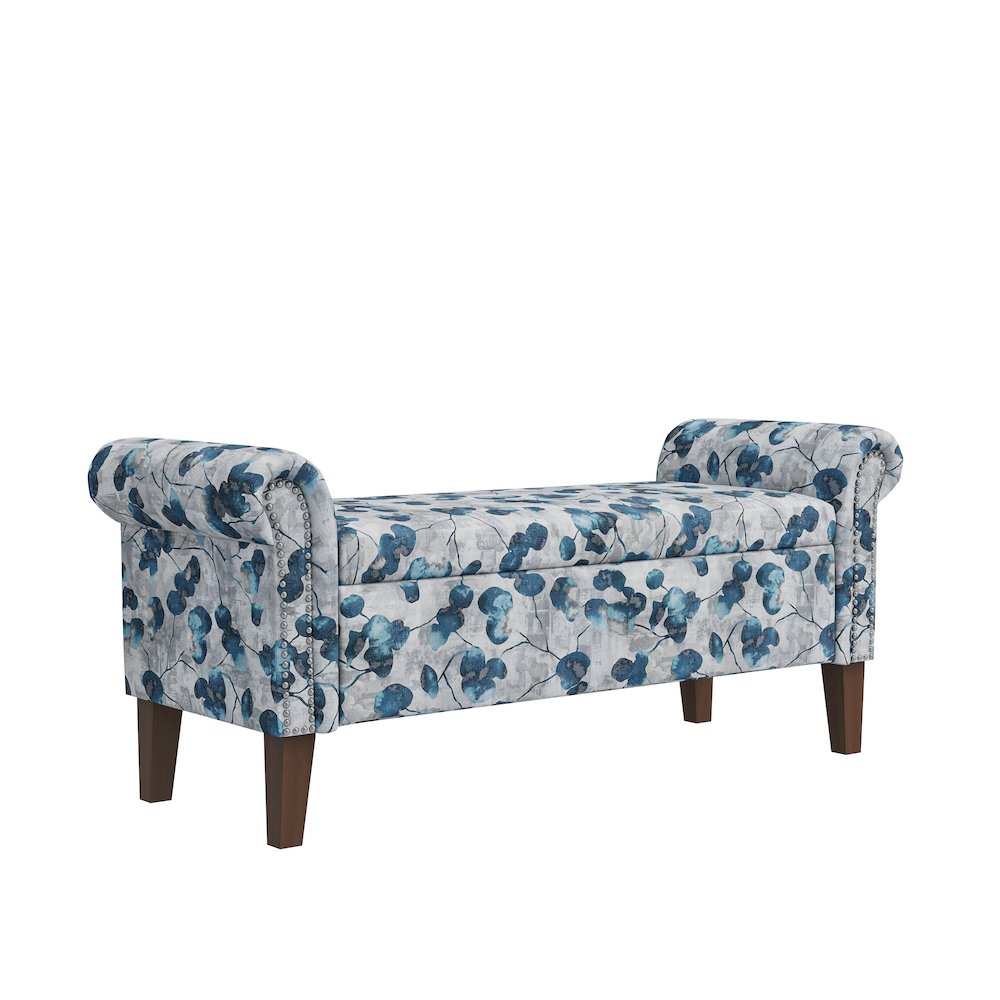 Rolled Arm Storage Ottoman in Blue Floral Bonsai. Picture 1