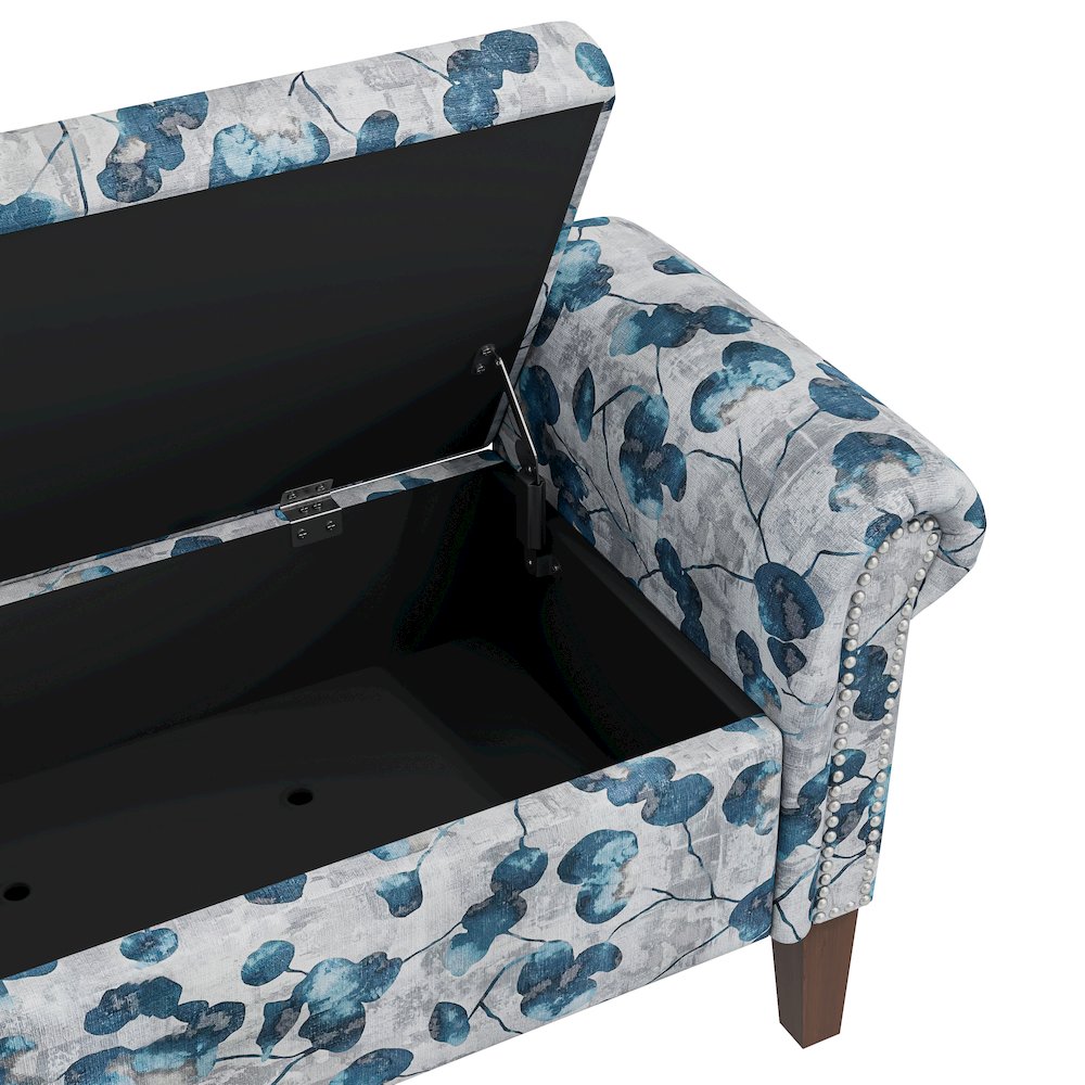 Rolled Arm Storage Ottoman in Blue Floral Bonsai. Picture 5