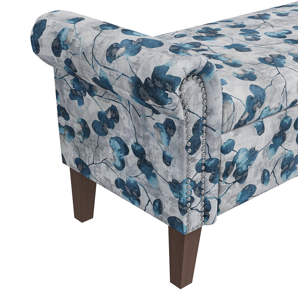 Rolled Arm Storage Ottoman in Blue Floral Bonsai. Picture 6