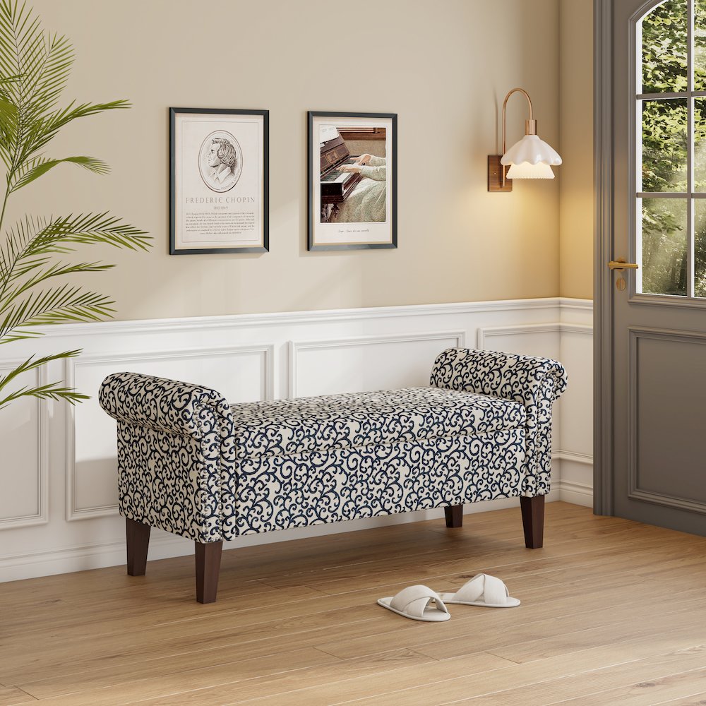 Rolled Arm Storage Ottoman in Black Curly Vine. Picture 8